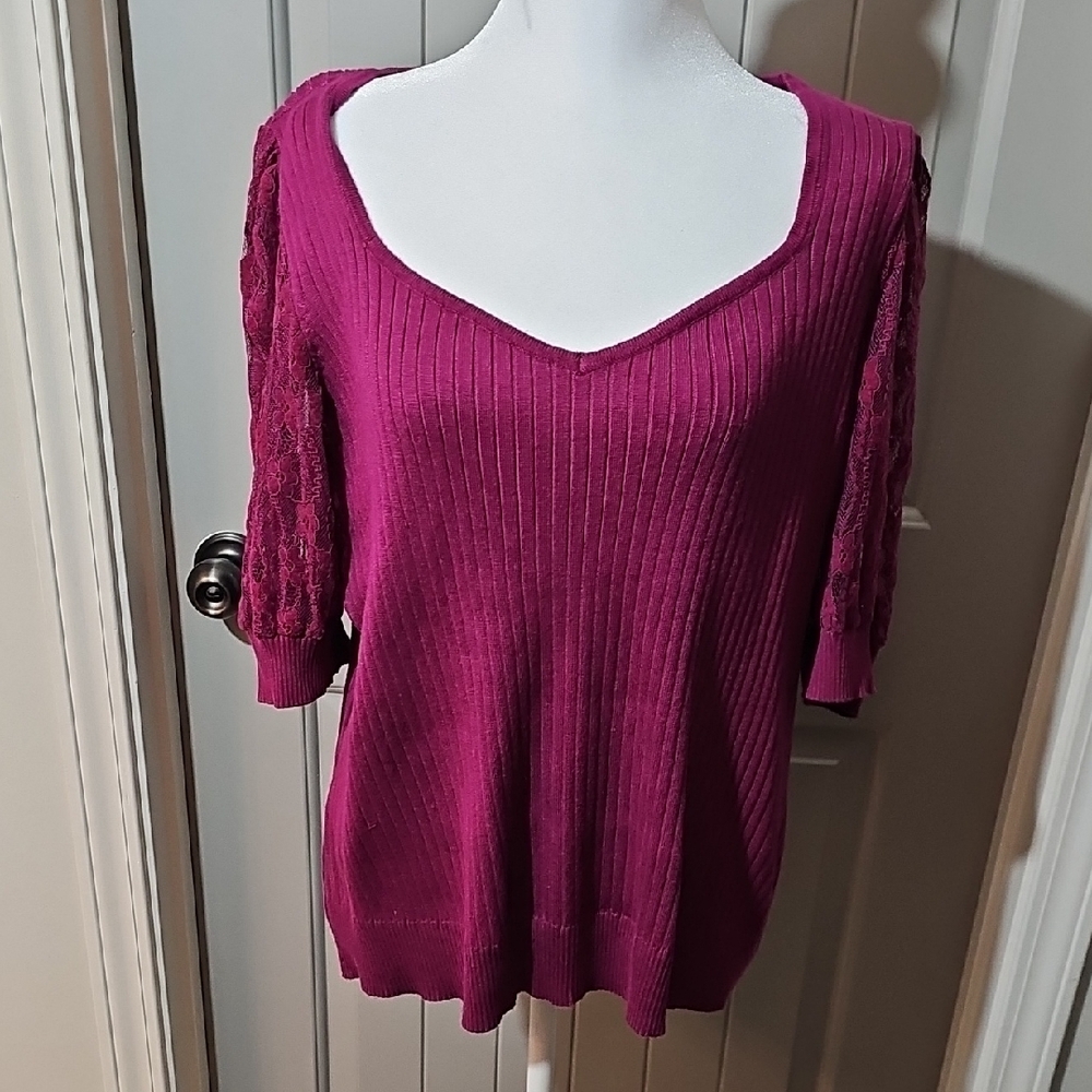 Cato Vibrant Magenta Knit Top with Lace Sleeves